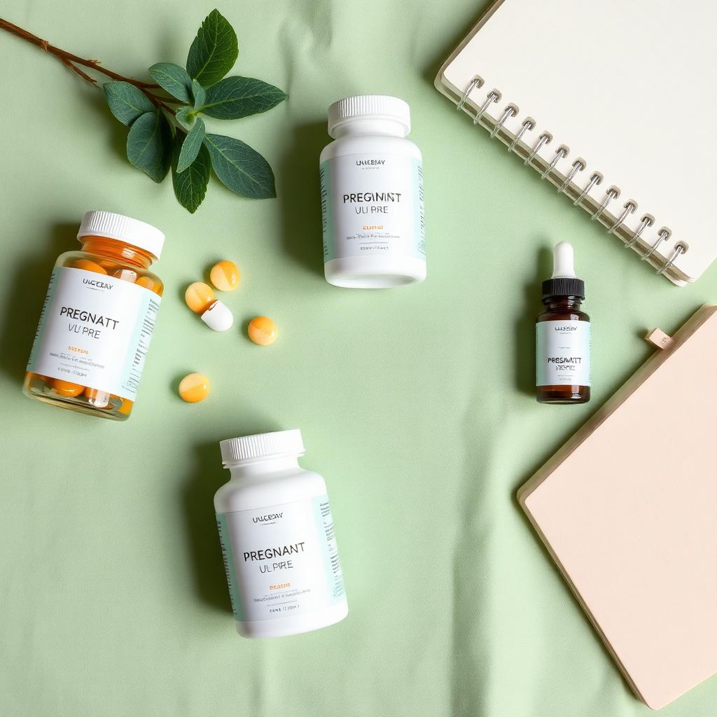 Prenatal vitamins, baby medications, and a wellness journal arranged on sage linen